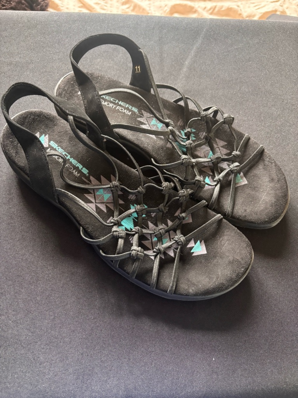 Skechers Black Strappy Comfort Sandals with Teal Accents